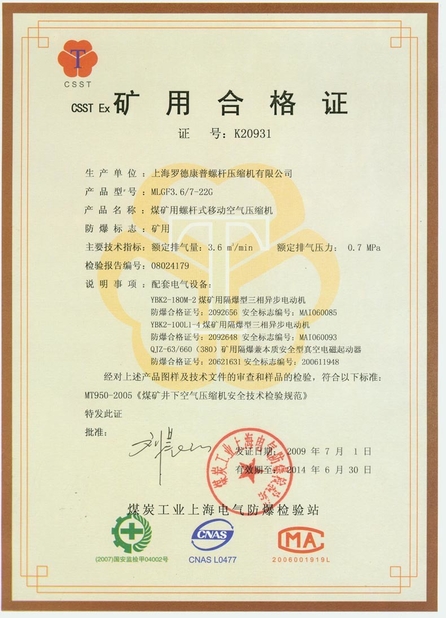 중국 Shanghai Rotorcomp Screw Compressor Co., Ltd 인증
